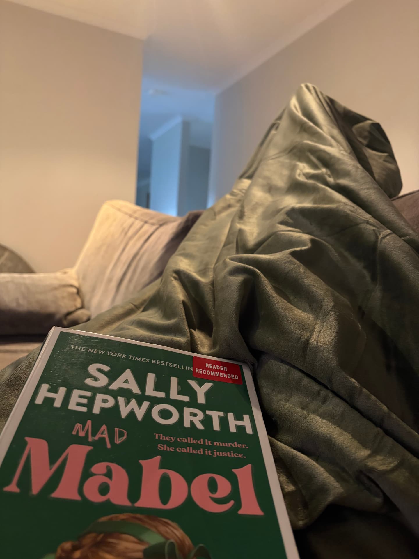 A book resting against a couch draped in a soft green blanket, in low evening light.